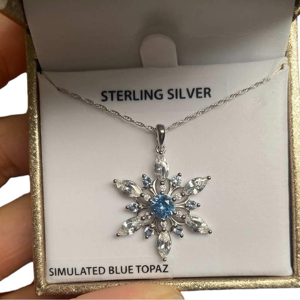 Simulated Blue Topaz Snowflake Pendant in Sterling Silver
